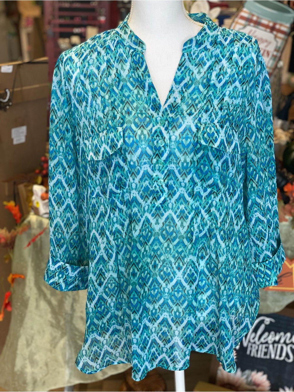 Zac & Rachel Teal Ikat-Print Split-Neck Tunic